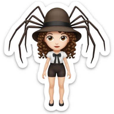 full body woman short curly brown mullet hair brown eyes white skin wearing spider hat and silk ribbon outfit sticker