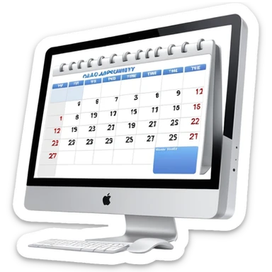 front-facing iMac displaying a day view calendar with time slots and several booked appointments sticker