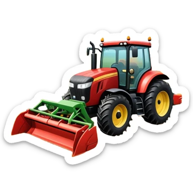 An icon representing a farming simulator, with a detailed tractor plowing fields under a bright sky with bright rural landscape. The design includes farming tools, crops and barns, symbolizing the immersive experience of managing a farm. Transparent background. sticker