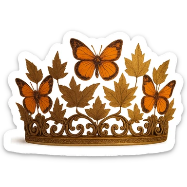 butterfly crown in antique bronze with orange butterflies and autumn leaves, vintage and warm sticker