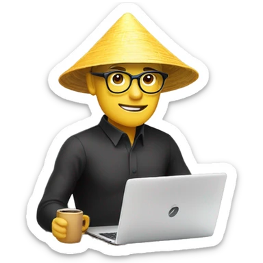 A memoji-style man with yellow skin, wear nearsighted glasses, a traditional Vietnamese conical hat , black shirt, sitting at a desk, a cup of coffee on desk, typing on keyboard, laptop with a logo styled as '</>' in front front sticker