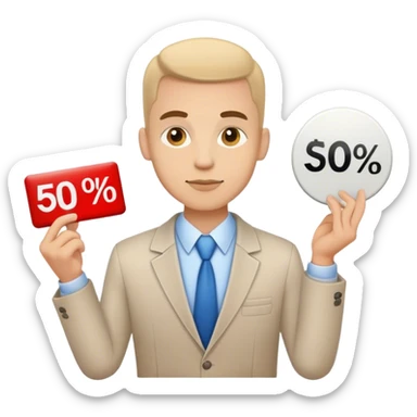 Salesman holding discounts sign sticker