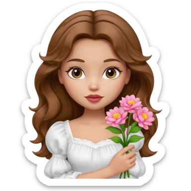 generate a pretty bratz girl with in a white puff sleeve top.  light lipgloss on . Brown wavy hair long. carrying flowers  sticker
