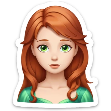 Cinematic Serene Sleeping Beauty Portrait Emoji, rendered in a simplified vector style. Depict a gentle Aurora (chest and above) with fair, glowing skin and softly cascading auburn hair, her expression calm and reflective, dressed in her timeless attire. The image exudes a soft, warm radiance with high shine and a subtle glowing outline. sticker