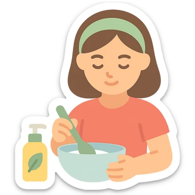 girl making skincare products, mixing ingredients in a bowl, color icon sticker