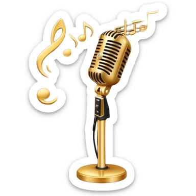 Create a sophisticated and smooth emoji representing jazz vocal performance. The design should feature a stylized microphone, with musical notes swirling around it to convey the fluid, improvisational nature of jazz. Add subtle elements like a vintage microphone stand or a hint of a singer’s silhouette in the background to reflect the live, intimate feel of jazz performance. Use deep, rich colors like gold, black, and burgundy to evoke the classic, smooth vibes of jazz. The background should be transparent. sticker