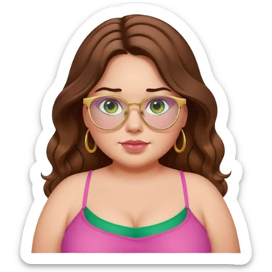 Baddie bratz girl with middle parted long wavy brown hair. green eyes. Plus size. pink spaghetti strap top. Gold glasses sticker