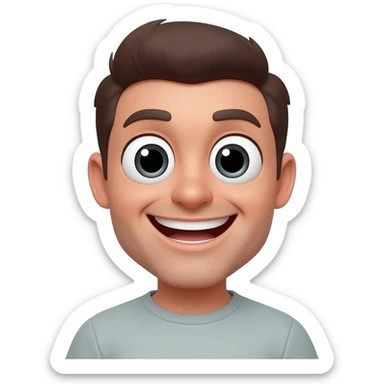 remake this image but make the eyes bigger with white eyes and black irises.  Also give him a big smile sticker