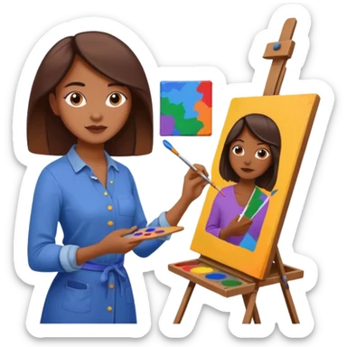 woman artist painting at an easel, surrounded by colorful canvases, simple and expressive sticker