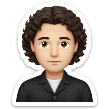He’s a man with light to medium skin, a defined oval face, full brows, deep-set eyes, and voluminous wavy to curly dark brown hair styled with height. expression calm and focused relaxed black open-collar shirt.polished, articulate, and professional vibe. sticker
