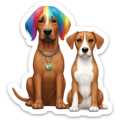 white male with rainbow colored hair alongside a brown rhodesian ridgeback sticker