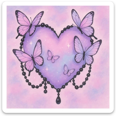 pastel goth heart with pastel butterflies and black pearls sticker