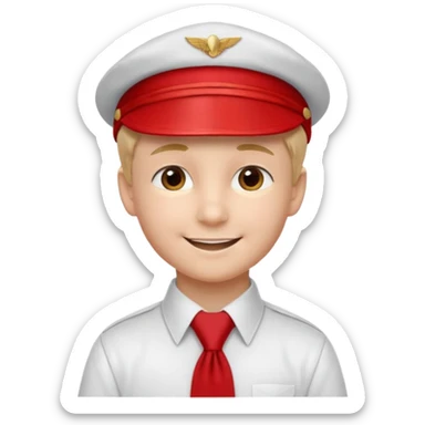 A Soviet pioneer emoji — smiling young boy wearing a white shirt with a bright red pioneer necktie and a classic red pilotka cap. not a cowboy hat. Flat, smooth 3D shading sticker