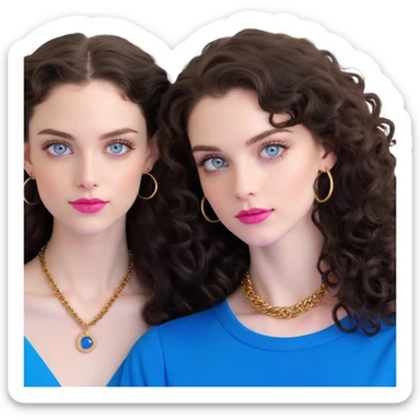 attractive couple in nightclub, colorful lights, woman with big blue-grey eyes, long lashes, pale skin, pink lips, long voluminous dark brown curls, gold hoop earrings, tiniest possible top barely covering, next to handsome man with intense blue-grey eyes, chiseled features, pale skin, confident smirk, dark brown styled hair, gold chain, minimally dressed showing maximum skin, dancing intimately sticker