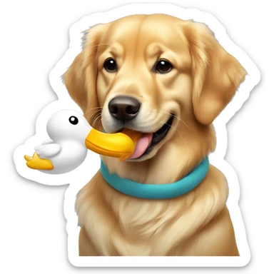 golden retriever with duck plush in his mouth sticker
