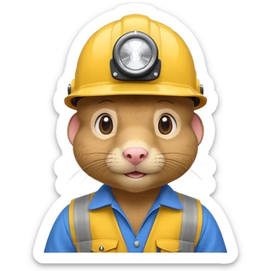 a mole rat, blue helmet, headlamp, yellow worker cloth sticker