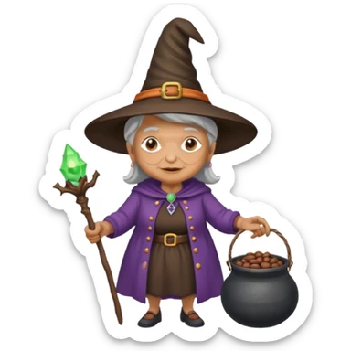 A grandma walking with a magic wand and a cauldron while holding a can of beans sticker