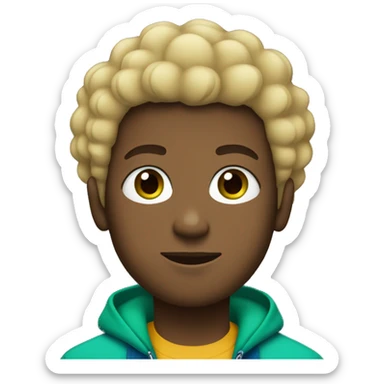 Black boy with blonde afro, green eyes, blue backwards cap, and green jacket with oversized zipper sticker