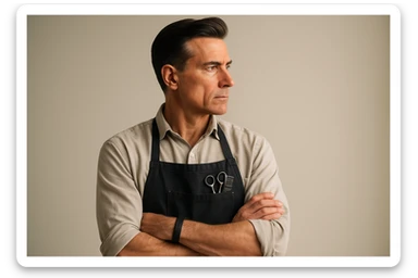 shu pozada turgan faqat o'ng tarafga qarab turgan sartarosh ustani tasvirlab ber realistik uslubda yoshi kattaroq soqol shart emas sticker