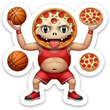 a glitch abomination with hands for a head, a baskeball stomach, pizza eyes sticker