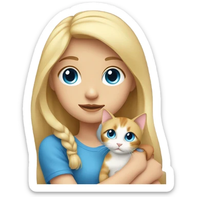 blonde girl with blue eyes holding a calico cat sticker