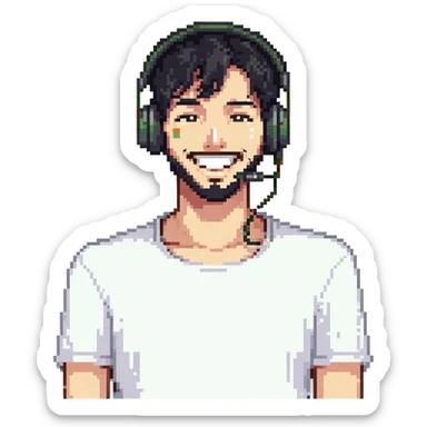 anime style laughing man with black hair, brown eyes, black beard wearing gaming headset sticker