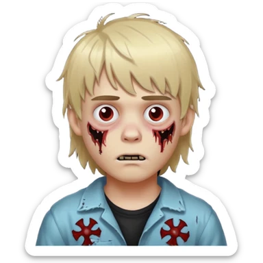 white boy with medium blonde hair with bangs fluffy zombified with stitches sticker