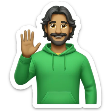 an indian man wearing a green sweatshirt, long hair, extremely short beard and mustache, waving goodbye, close up sticker