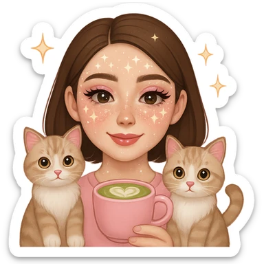 Add a matcha latte to the scene, keeping the Apple emoji style and pink soft girl aesthetic, featuring the girl with short brown hair, makeup, skincare, sparkles, and two light brown ragdoll cats. Maintain the transparent background and the overall Apple emoji style look. sticker