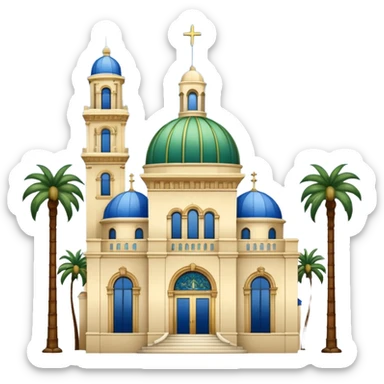 California Building with ornate blue, gold, and green tile dome and adjoining slender California Tower, Spanish Colonial Revival style, baroque details, palm trees, simple, no text, white background, version 2 sticker