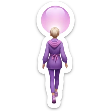 A small figure walks back across a foggy bridge, holding soft pink and purple orbs in each hand—symbolizing compassion and forgiveness. A gentle heart aura trails behind them, showing healing in motion. sticker