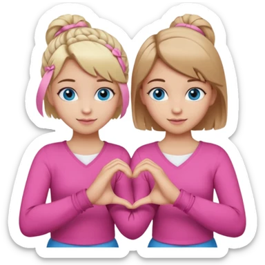 Two best friends making a heart shape with their hands together. One of them has blond hair which is shorter and the other has brown hair tied up. They are both wearing pink outfits. They both have blue eyes. One of them has their hair down  sticker