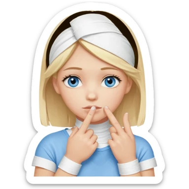 blonde-haired, blue-eyed, fair-skinned girl with her whole index finger wrapped in a bandage, finger on chin, thoughtful expression sticker