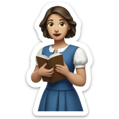 White woman with long dark straight brown hair and eyes holding a book. She is wearing a blue A-line dress with white daisies sticker