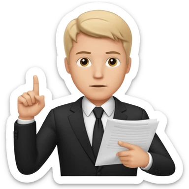 A white man in a black suit stands with a serious face and points at his hand holding papers. sticker