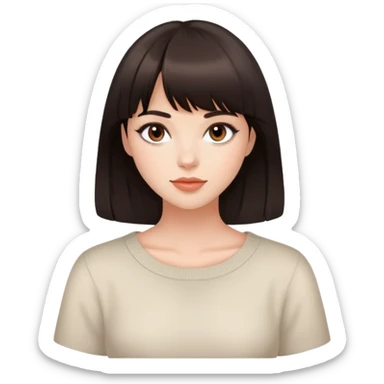 Beautiful woman with dark brown bangs, minimal makeup, charming expression sticker