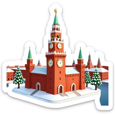 Apple iOS style emoji of the Moscow Kremlin Spasskaya Tower, winter
New Year edition. Red brick texture, snowy roof, golden clock face. Small festive garland with glowing lights wrapped around the tower. Bright red glowing star on top. 3D isometric  sticker