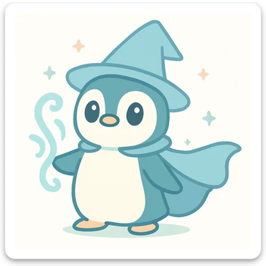 heroic penguin wizard with a flowing cape, icy blue magic swirling from its flippers, brave and mystical sticker