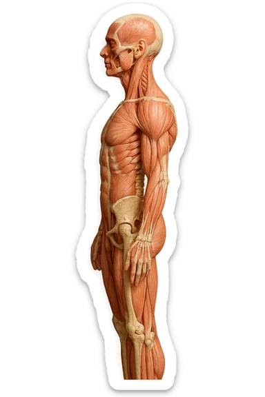 CORPO UMANO ANATOMICO REALISTICO DI PROFILO CON CURVA LOMBARE PIATTA, iperrealistico 4k sticker