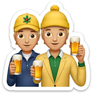 16 men on a golf trip wearing yellow golf caps all holding a beer can with a Xmas style label sticker