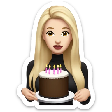 White girl with blonde straight hair, pink lips, dark eyes, black turtleneck, birthday cake in hands sticker