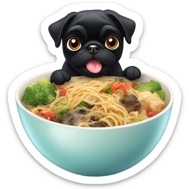 Black pug eating Chinese food sticker