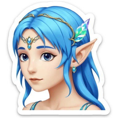 portrait of blue haired Elvish fae shiny sparkly iridescent translucent diaphanous ear climber ear cuff sticker