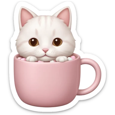 cute white cat relaxing in a pastel pink mug of cocoa with marshmallows, soft lighting, rounded shapes sticker