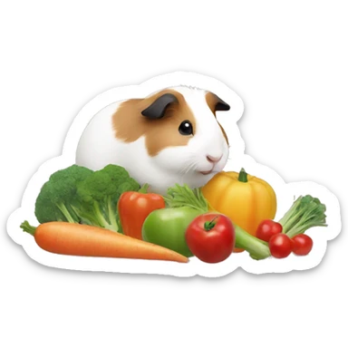 Guineapig playing on a pile of veggies and fruit sticker
