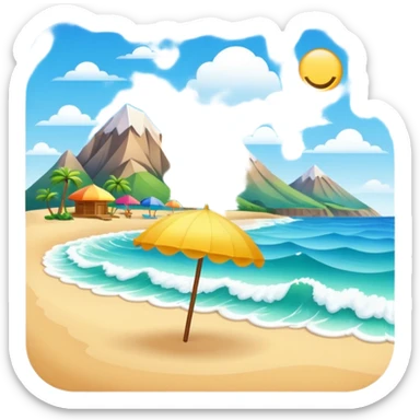 vibrant emoji beach with parasol, wave behind, eco-habitat, mountain range in distance sticker