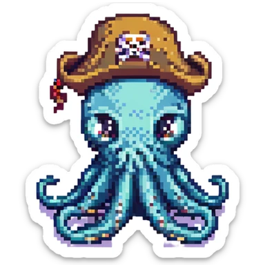 pixel art octopus with pirate hat, confused expression sticker