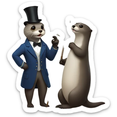 An otter with a cane and a monocle talking to the man in the moon sticker