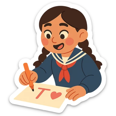 Kazakh girl in Korean school uniform, drawing a T with a heart on paper in pastel toon style sticker