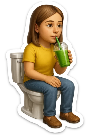 emoji stile iphone di una donna seduta sul wc che beve uno smoothies verde, iperrealistico 4k sticker
